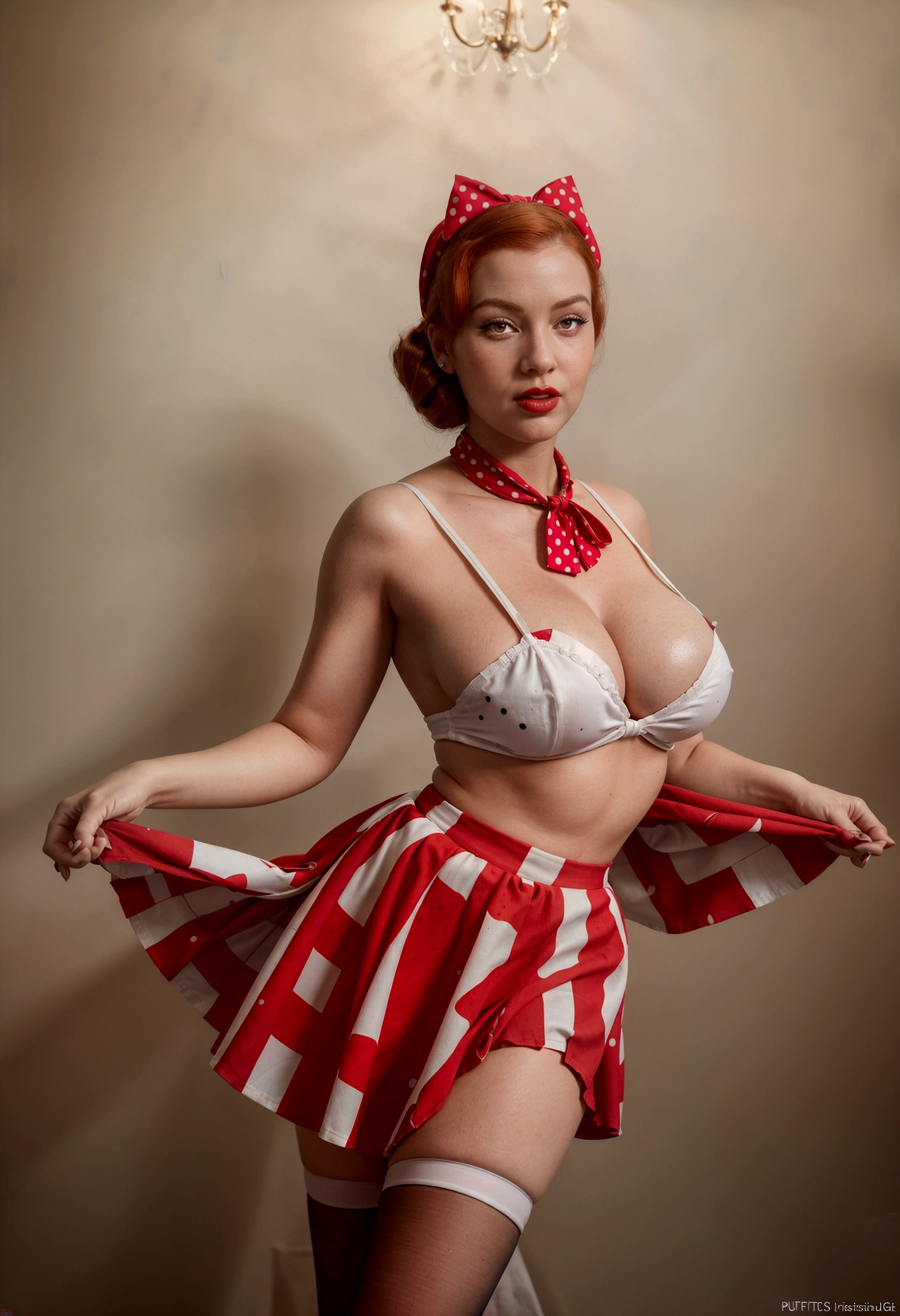 illuminated frontal, facing the camera, photo taken from afar, redheaded woman, full body from the front, strong pose, empowered redheaded woman, white redheaded woman, orange hair, wavy red hair, with clothes, thick legs, big ass, breasts large, ((breasts large)), hair swept to the left side, hair combed, hair styled in victory rolls, associated with Lake Veronica, pin-up outfit (dressed in 1950s style, complete with full skirt and petticoat, a red bandana on the head, blouse white, red polka dot skirt, stockings), artwork, best quality, (photorealistic: 1.4), pin-up pose, bold pin-up poster style poses, holds a flying dress in pin-up style, tempting legs, makeup, high pin-up shoes, accessories, realistic, cinematic lighting, beautiful woman, and open mouth create the image of a glamorous girl, provocative look, feeling of invitation, gratitude, lips with red lipstick, thin, age 25 years, 8k, 8k extremely detailed), (an extremely detailed, delicate and beautiful image), (masterpiece), (best quality: 1.0), (ultra high resolution: 1.0), pin-up photo. retro-USA vibe. 50s pin-up style hair. studio background, containing Louis XV furniture, timeless pieces, stylish and beautiful.