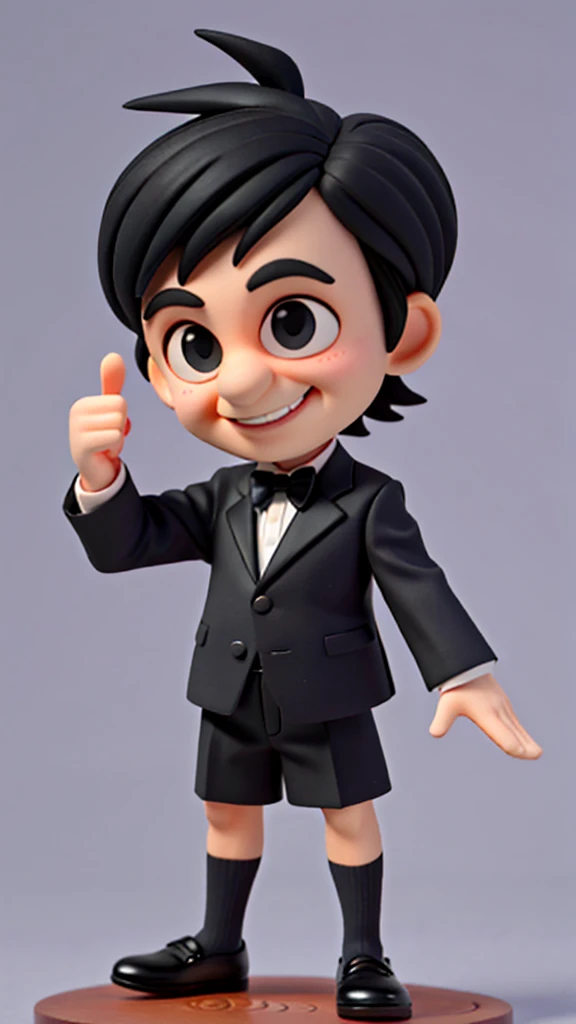 Disney caricature, 60 year old man with short black hair wearing a black suit, black and white striped tie, giving a thumbs up, short legs, bird view