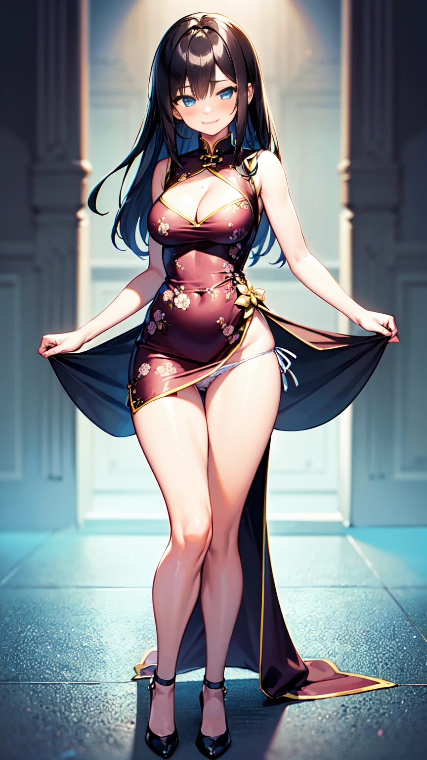 1girl, solo, 19years old, (medium breasts), ((cleavage)),
(blush:0.8), ((shy face)), happy, smile, cum, laughing,
(Depict from HIP to head) ,
Black Hair, Straight Hair, medium Long Hair, bangs, Hair between the eyes, Reduce hair volume,
Sparkling blue eyes, eyelashes, looking at viewer,
Close-fitting clothing, Wearing China dress, Side slits, (knee length China dress), Floral prints, (white g-string panty), Separate panties and clothes, ((let the hem of the dress to the side)), The front and back of the skirt are the same length,
A skirt that doesn't cling to the body, The front and back of the skirt are connected on one side. A woman has two legs.., Two arms, Five fingers, Two joints in the fingers, barefoot, Perfect leg length
Spread her legs very wide, (touch her hip)
(Bare her chest), (Bow-legged), (Mucus on thighs)