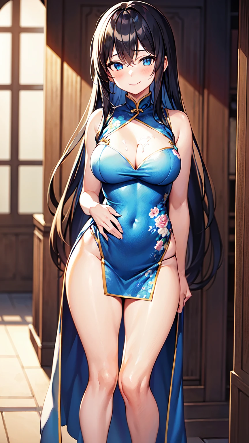 1girl, solo, 19years old, (medium breasts), ((cleavage)),
(blush:0.8), ((shy face)), happy, smile, cum, laughing,
(Depict from HIP to head) ,
Black Hair, Straight Hair, medium Long Hair, bangs, Hair between the eyes, Reduce hair volume,
Sparkling blue eyes, eyelashes, looking at viewer,
Close-fitting clothing, Wearing China dress, Side slits, (knee length China dress), Floral prints, (white g-string panty), Separate panties and clothes, ((let the hem of the dress to the side)), The front and back of the skirt are the same length,
A skirt that doesn't cling to the body, The front and back of the skirt are connected on one side. A woman has two legs.., Two arms, Five fingers, Two joints in the fingers, barefoot, Perfect leg length
Spread her legs very wide, (touch her hip)
(Bare her chest), (Bow-legged), (Mucus on thighs)
