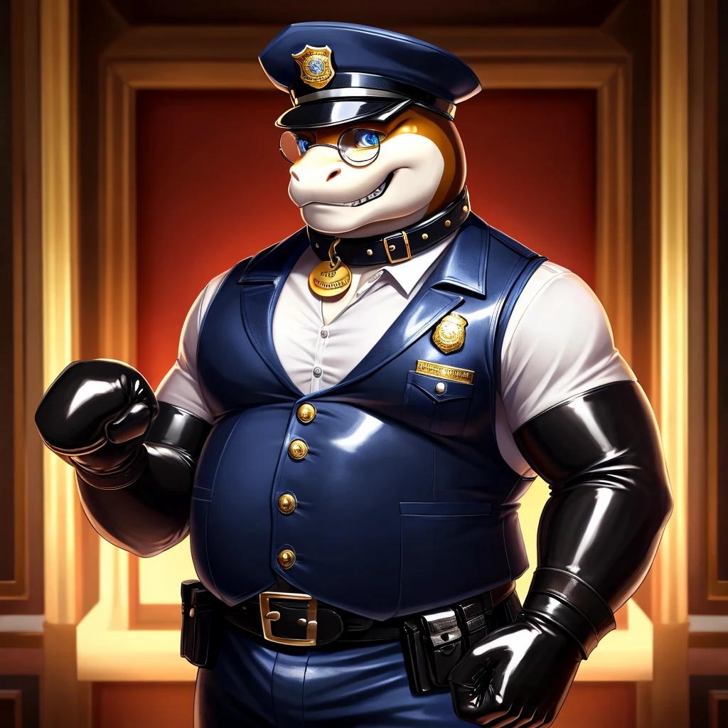 Solo, Male, fat, squatting, extremely obese, gentleman, dapper Dragon, pooping in diaper, blue eyes, (soft shading), 4k, hi res, ((detailed face, detailed)), looking at viewer, evil grin, Airport, TSA, TSA Uniform, collared shirt with buttons, hat, male focus, Police Uniform, glasses, monocle, vest with buttons, sleeves rolled up, round eyewear, headwear, vest, Dragon is wearing a glossy leather dog collar around the neck, Dragon is wearing the leather collar and shirt and vest at the same time, Dragon is wearing glossy white rubber gloves on the hands, wearing white rubber gloves on the feet, gloves are rubber in texture, mouth wide open, evil laugh, clenching fists, leather collar is glossy and shiny with a lot of detail, Dragon is wearing gloves and leather collar at the same time, leather collar has a round dog-tag, leather collar is thick and detailed, white rubber gloves on the feet, Dragon is wearing gloves and leather collar at the same time, leather collar has a round dog-tag, leather collar is thick and detailed, leather collar is glossy and shiny, fancy clothing, dapper vest, dapper shirt, leather collar is thick, glossy leather collar, Dragon is wearing a dirty diaper