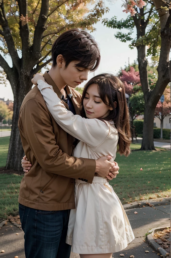 An aesthetic anime couple embrace each other during autumn under tree with falling petals