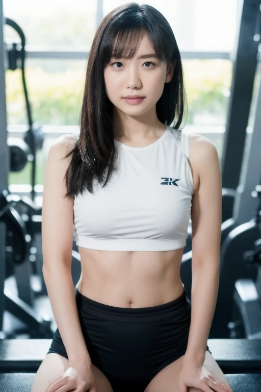 Highly detailed CG unified 8k wallpaper, top quality, super detailed, masterpiece, actual, photo actual, Very detailed cute girl, 25 years old, muscle, abdominal muscles, round eyes, audience,  blush, open lips, half body shot , 
sportswear , Gym, hands on hips