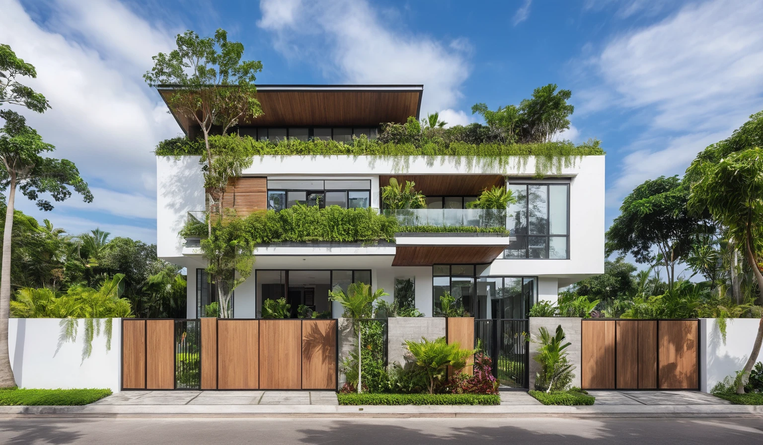 A hyper-realistic image of a modern house with a minimalist design, featuring a combination of wood and white materials. The house has a flat roof, large glass windows, and a balcony with a glass railing. The entrance is flanked by lush greenery and palm trees. There is a wooden gate in front and the garden includes various tropical plants. The overall ambiance is serene and contemporary, with detailed textures and realistic lighting, shadows, and reflections. The colors are vibrant and true to life, showcasing the natural beauty of the materials and the surrounding environment. Additionally, the house is surrounded by a well-maintained garden with various tropical plants and flowers, a clean street with a sidewalk, and a modern urban setting.
