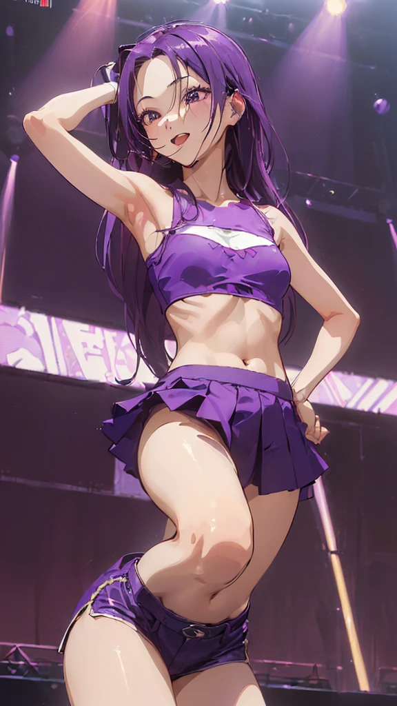 ((( Masterpiece ))) ((( background : high standard concert : on stage : Festive : cheerful theme ))) ((( character : Kazuha : long dark purple smooth hair : forehead : fit body : : happy : small breast : singing : K-pop idol outfit : standing :sexy k-pop idol pose)))