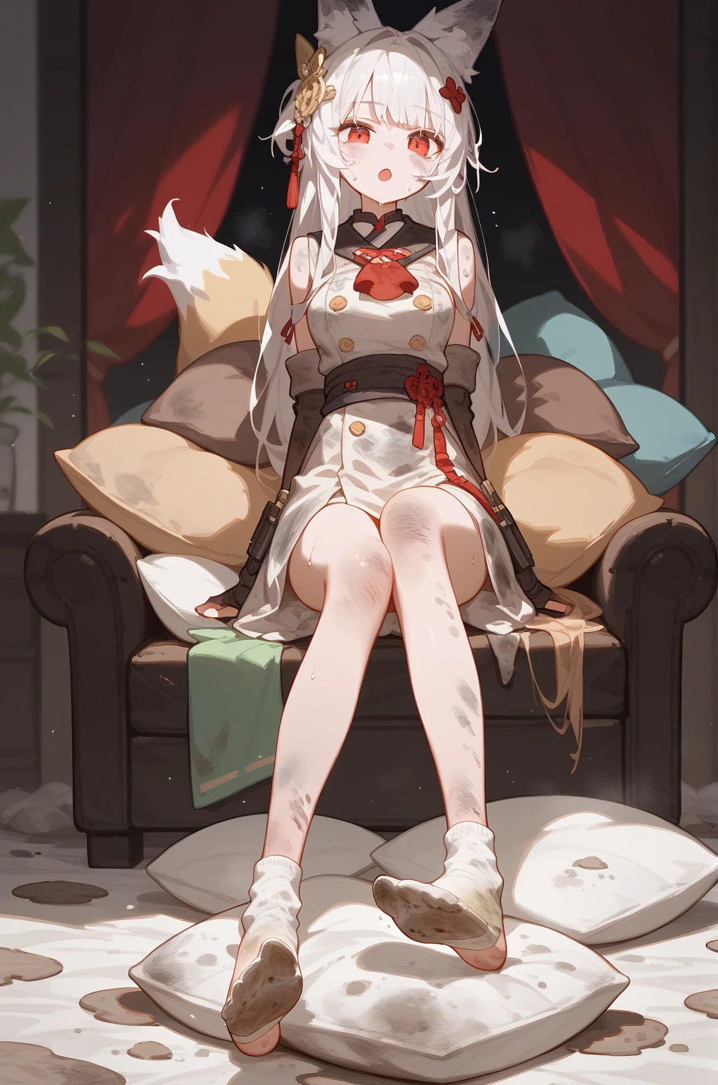 1 girl,dirty,foot,foot底,Red Eyes,breast,solitary,Long hair,White hair,,foot趾,foot部焦点,Looking at the audience,sit,Sweat,open mouth,dirty foot,Keep,indoor,Pillow,Bangs,White knee socks,Fox ears,There'foot的泥土,White clothes,Uniforms,Japanese style,dirtyPillow,dirty床,女孩周围堆满Pillow,女孩踩踏2着Pillow,大量Pillow,Pillow上肮脏,,(Deluxe Rococo Canopy King Bed),On a big and spacious bed,(),,,,Luxurious curtains with ornate ruffles and ribbons surround the bed,((((There are many pillows piled on the bed)))),Detail of Quilt,Detailed bed sheets,女孩踩在Pillow上