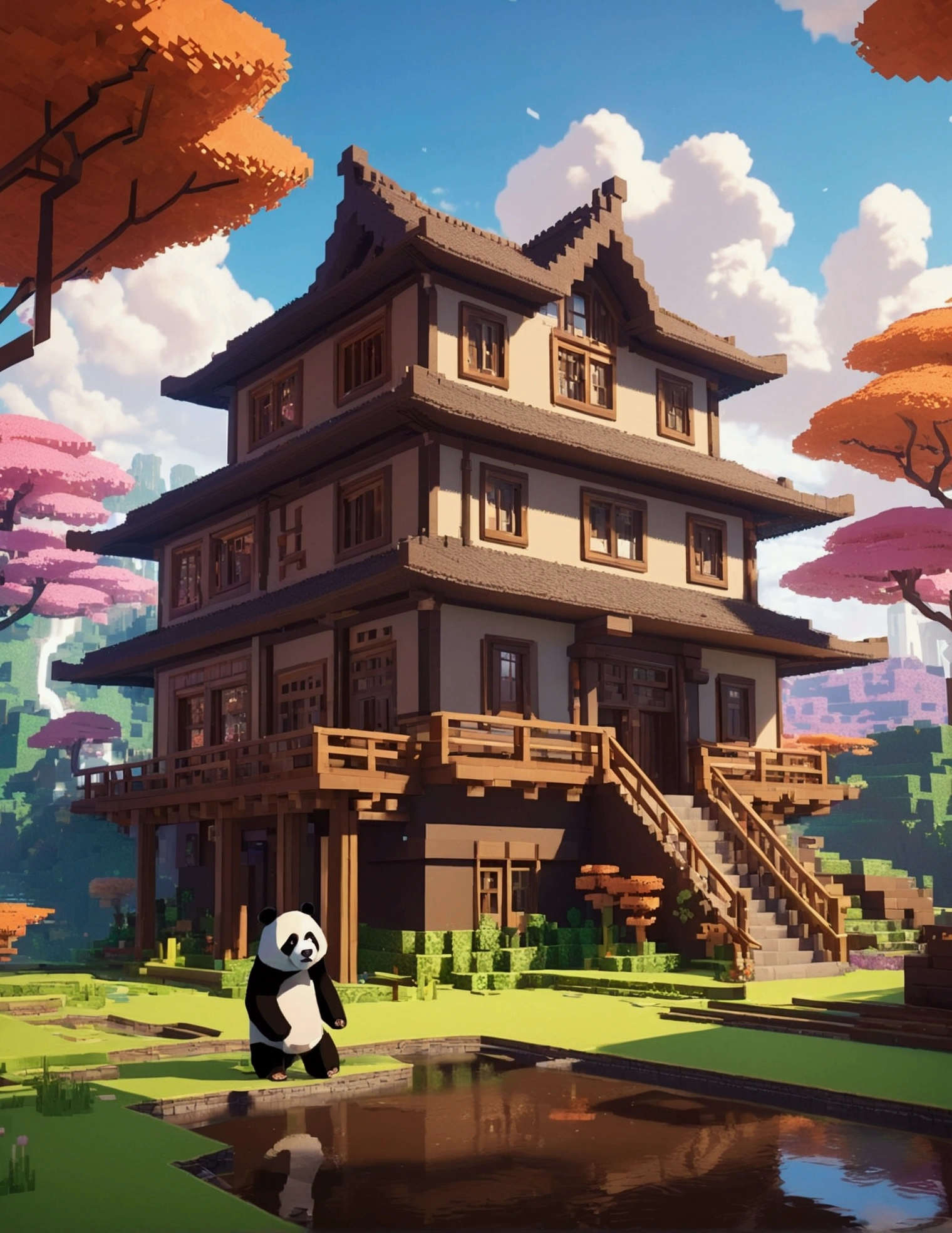 opulent, 3d, game art, dream magical, style of Makoto Shinkai, Beautiful biomes, cozily, Perfectcomposition, Minecraft style, colorful, Nice looking building, Wallpaper quality, design sense, aesthetics, Cartoon feel, Minecraft art style, 8K, a panda with a big house all brown color made of mud behind him