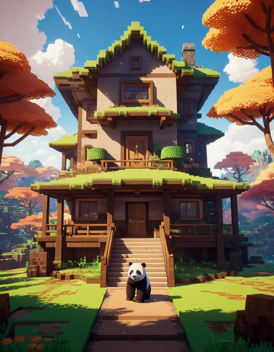 opulent, 3d, game art, dream magical, style of Makoto Shinkai, Beautiful biomes, cozily, Perfectcomposition, Minecraft style, colorful, Nice looking building, Wallpaper quality, design sense, aesthetics, Cartoon feel, Minecraft art style, 8K, a panda with a big house all brown color made of mud behind him