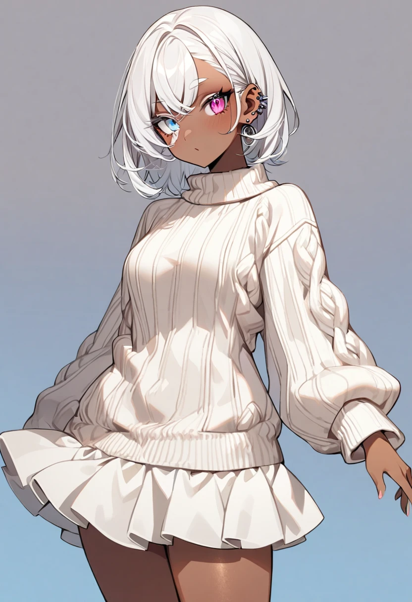 Girl, fully body, deep tan skin, brown skin, right pink eyes, blue left eye heterochromia, adult, extra short white hair, eye details, white eyelashes. Albino, white eyebrows, pretty eye details, big stripped sweater with under skirt with platform shoes. Accessories, ear piercings