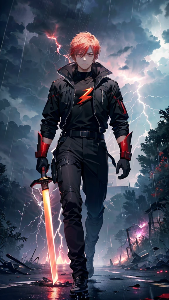 (Ultra-high resolution,masterpiece, Attention to detail, Highest quality), (8K),(Ultra-detailed skin、Super beautiful eyes、Detailed Background), (Surrounding Lightning,Red and black lightning rain:1.5),Walk over,Holding a sword、One Man、Angry expression、A warrior worth a thousand men、spirits、Shura