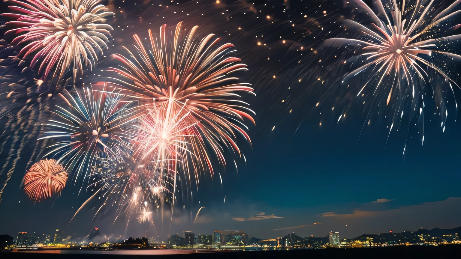In the vast night sky，(Amazing fireworks:1.3)It&#39;s full of colorful lights，Blooms in an instant(beautiful photo:1.2)。people々Your eyes will be captivated by this wonderful sight.，They all looked up at the sky，Shout out in joy。