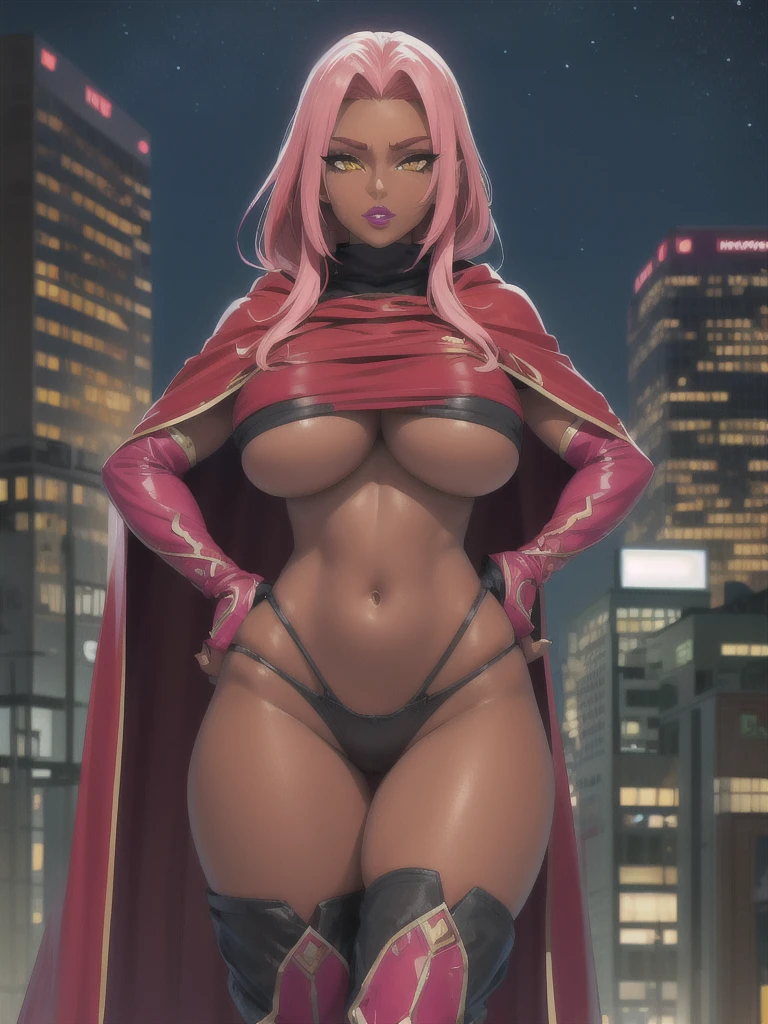 (highres, high quality:1.2), intricate details, cinematic lighting, sharp focus, depth of field, Ingrid, 1girl, mature female, (dark-skinned female:1.1), dark skin, standing, hands on hips, cowboy shot, looking at viewer, cityscape, night, city light, determined, pink red hair, very long hair, hair intakes, makeup, lipstick, (mole under mouth:0.8), eyelashes, yellow eyes, detailed face, helloutfit, red cape, black (turtleneck:1.1), (underboob:1.1), black elbow gloves, (coattails:1.1), revealing clothes, center opening, highleg panties, thigh boots, (multicolored clothes:1.1) midriff, large breasts, areola slip, (nipple slip:0.8),