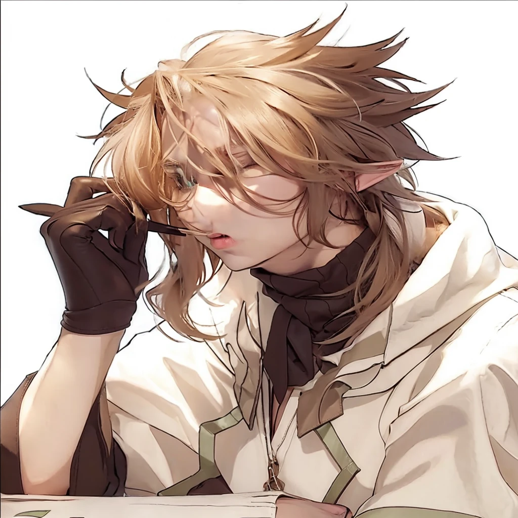 a blonde elf, leaf green eyed, with a white shirt rolled up to his elbows, a dark brown leather vest, with a black cowboy hat, with a wine red scarf around his neck, black gloves on both hands, hands put in pockets, looking forward with a serious look, In the middle of the night, with a forest environment, with the lighting hitting him from behind giving him a dark look on his face due to lack of lighting