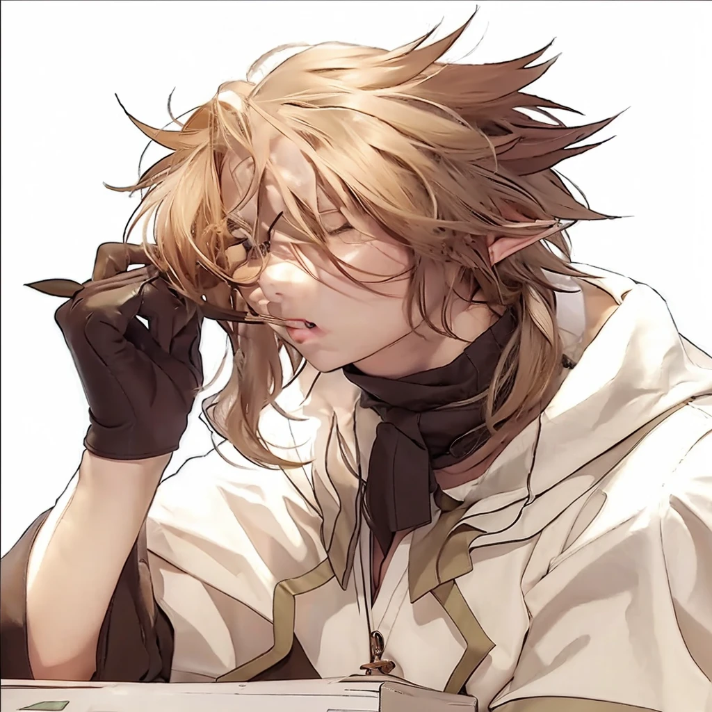a blonde elf, leaf green eyed, with a white shirt rolled up to his elbows, a dark brown leather vest, with a black cowboy hat, with a wine red scarf around his neck, black gloves on both hands, hands put in pockets, looking forward with a serious look, In the middle of the night, with a forest environment, with the lighting hitting him from behind giving him a dark look on his face due to lack of lighting