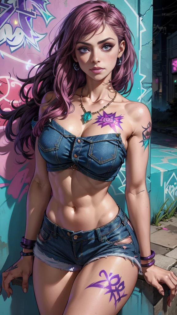 masterpiece, best quality, 1 Girl, Solitary, (Top of crop violet :1.4) , (Denim shorts pink :1.4) , Necklace, (Graffiti:1.4 ), Paint splatter, Put your hands behind your back, Against the wall, Looking at the audience, armband, Thigh straps, Body paint, Head tilt, boring, Colorful hair, Aqua eyes, earphone,(face detailed :1.4), (colores brillantes cyberpunk), Epic Fantasy Art Style HD, 4K fantasy art, epic fantasy digital art style, epic fantasy art style, Fantasy Woman, epic fantasy art portrait, Epic fantasy style, hyperrealistic fantasy art, hd fantasy art, Epic fantasy character art, epic fantasy art, in style of dark fantasy art, epic fantasy digital art, (ojos hermosos azules :1.4),( ojos hermosos detailed :1.4)