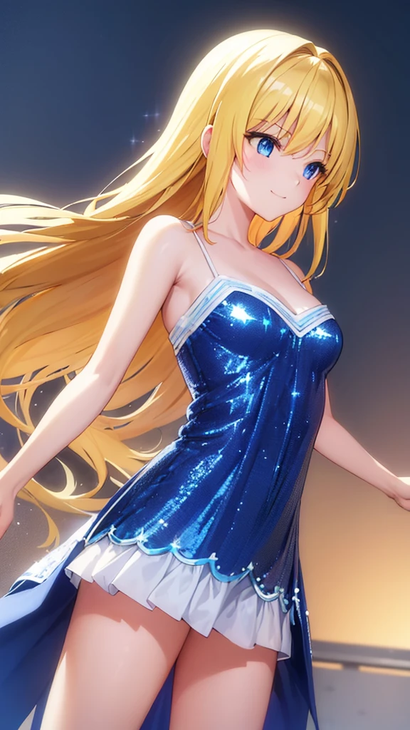 (masterpiece:1.3), (best quality:1.2), (8k, ultra detailed, ultra high res:1.2), ((anime style)), perfect 5 fingers, perfect anatomy, 
1girl,
BREAK long hair, wavy hair, 
(blonde hair), 
(blue eyes), 
medium breasts, camisole, (Sequins, white Sequins:1.3), 
BREAK smile, 
(gazing skyward:1.3), standing, 
cowboy shot, 
black background, 