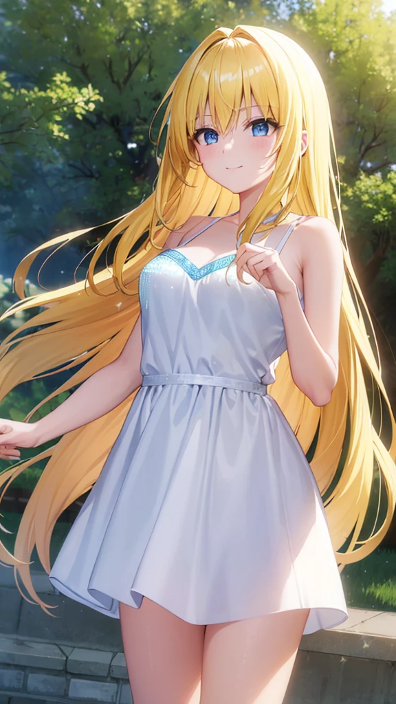 (masterpiece:1.3), (best quality:1.1), (8k, ultra detailed, ultra high res:1.2), ((anime style)), perfect 5 fingers, perfect anatomy, 
1girl,
BREAK long hair, wavy hair, 
(blonde hair), 
(blue eyes), 
medium breasts, camisole, (Sequins, white Sequins:1.3),  
BREAK smile, 
(gazing skyward:1.3), standing, 
cowboy shot, 
outdoor, 