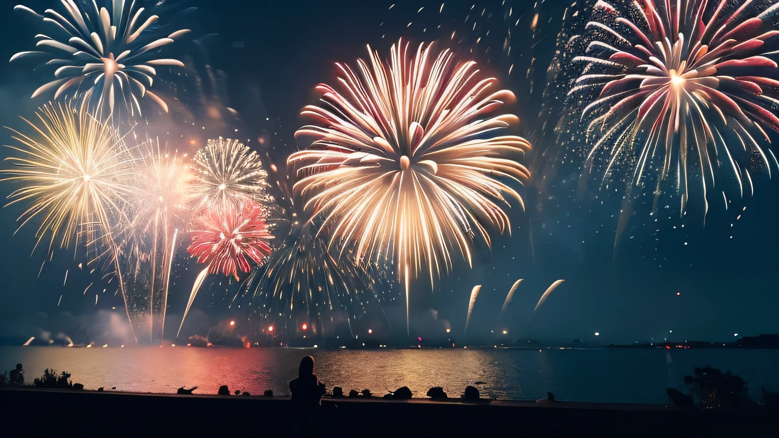 In the vast night sky,(Amazing fireworks:1.3)It's full of colorful lights,Blooms in an instant(beautiful photo:1.2)。people々Your eyes will be captivated by this wonderful sight.,They all looked up at the sky,Shout out in joy。