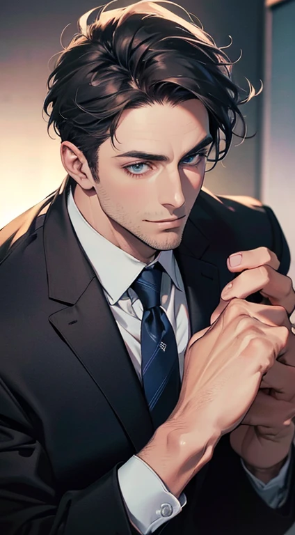 (best quality,4k,8k,highres,masterpiece:1.2),ultra-detailed,(realistic,photorealistic,photo-realistic:1.37),1 man,31 years old,mature man,very handsome,without expression,smile,short grey black hair,blue eyes,penetrating gaze,perfect face without errors,imposing posture,businessman,office background,cinematic lighting,hdr image