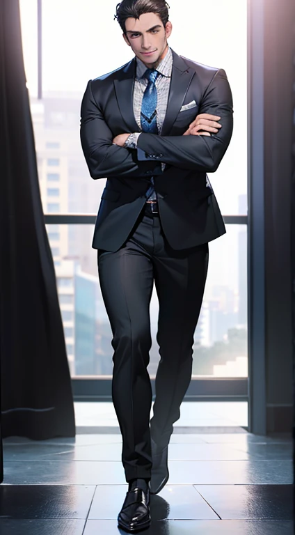 (best quality,4k,8k,highres,masterpiece:1.2),ultra-detailed,(realistic,photorealistic,photo-realistic:1.37),1 man,31 years old,mature man,very handsome,without expression,smile,short grey black hair,blue eyes,penetrating gaze,perfect face without errors,imposing posture,businessman,office background,cinematic lighting,hdr image