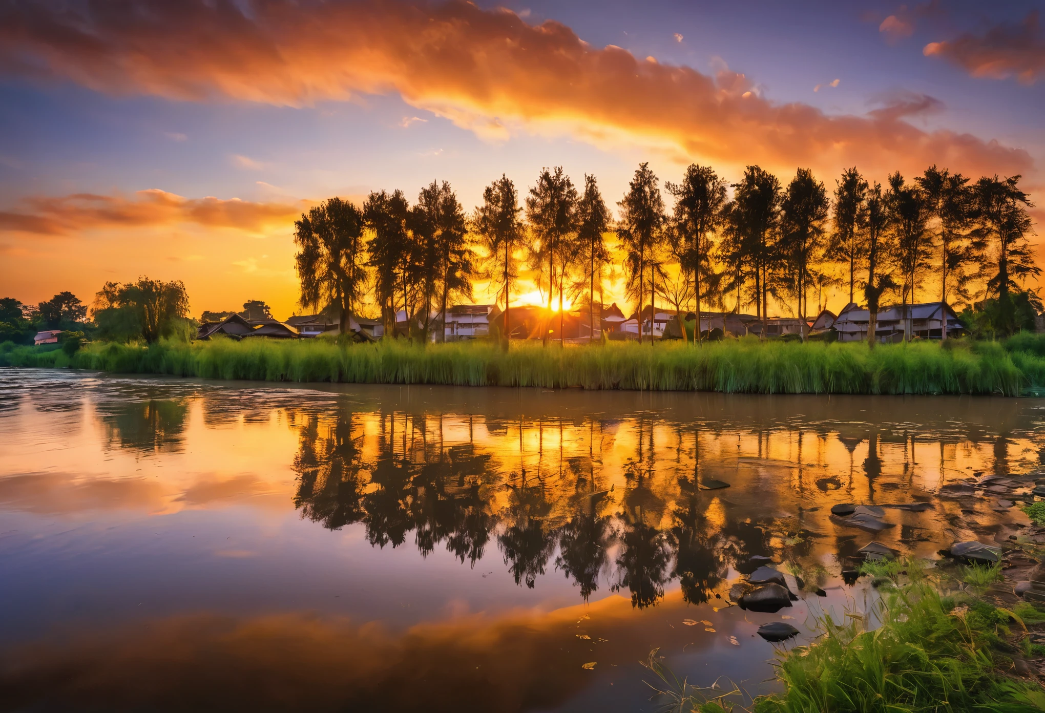 This image depicts a breathtaking sunset over the river.。, Located in a quiet rural setting. The sky is painted in shades of orange and yellow, Reflected in the calm river waters below. Trees in the landscape々and buildings are scattered around, Add depth and scale to your scene. The overall atmosphere of the image is calm and serene., Capture the beauty of nature at sunset.