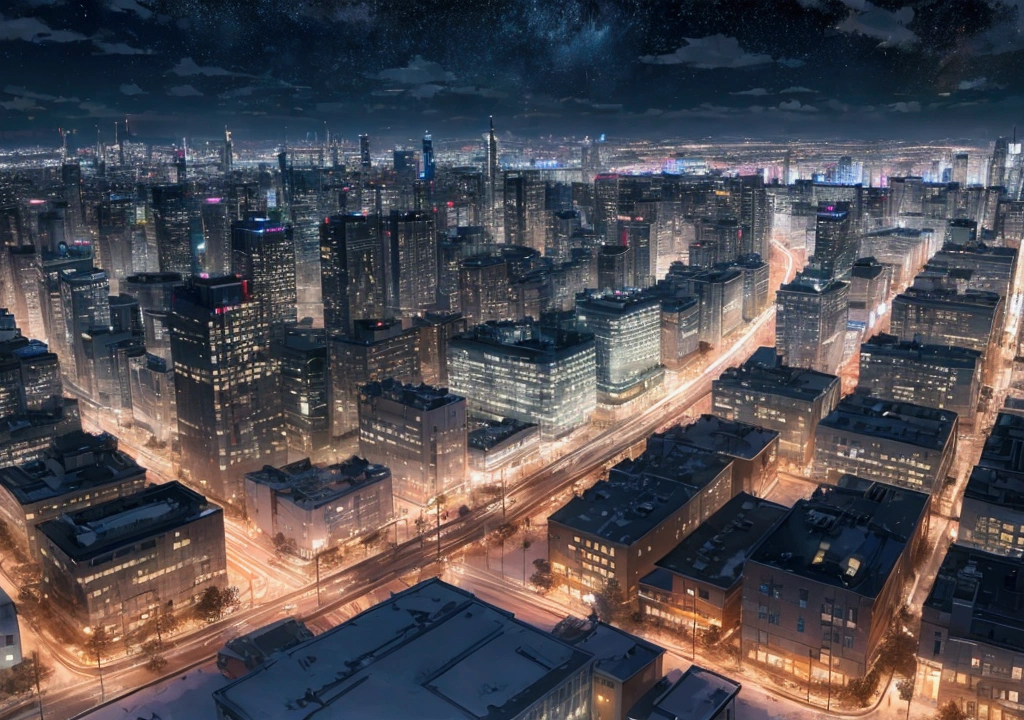 Create the view of a modern city covered in ice at night