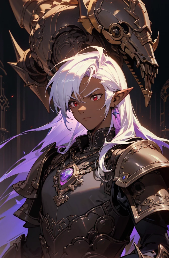 masterpiece, best quality, ultra high res, dark theme, 1boy, (dungeonpunk armor), (mechanical steampunk armor), (wearing armor), fantasy illustration, dark skinned, human, upper body, portrait, red eyes, long hair, white hair, half-drow, pointy ears, serious face, young man, dramatic lighting, purple hue, art by Kinema Citrus