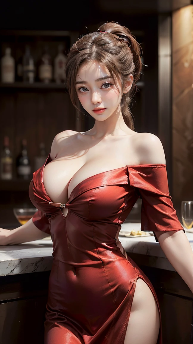 ((Highest quality, 8K, masterpiece :1.3)), (Sharp focus :1.2, Beautiful woman with perfect figure :1.4, Slim Abs), ((Big Breasts, Emphasize cleavage, The underboob is visible:1.5)), (Photorealistic:1.4), (realistic:1.4), (Ponytail Hair, Light brown hair:1.5), Highly detailed face and skin texture, Fine grain, double eyelid. Makeup face, A little bit of lipstick, sex appeal, Sexy gravure pose, ((Red off-the-shoulder dress、A sexy pose with her shoulders exposed in a luxury urban bar。Provocative smile。:1.3))