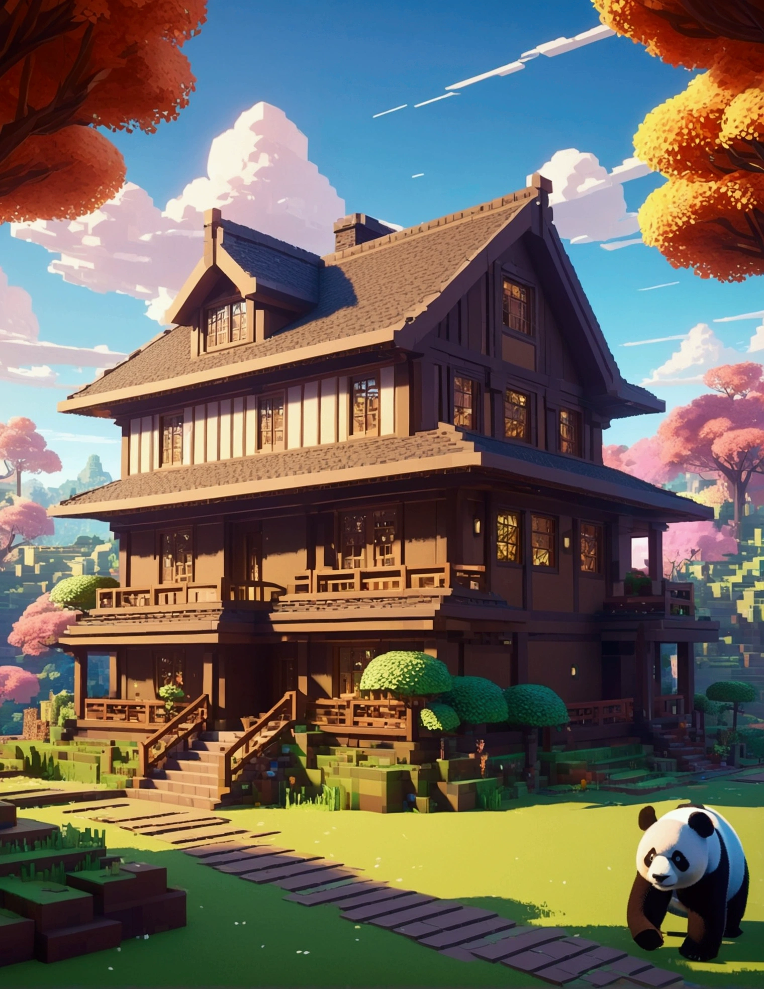 opulent, 3d, game art, dream magical, style of Makoto Shinkai, Beautiful biomes, cozily, Perfectcomposition, Minecraft style, colorful, Nice looking building, Wallpaper quality, design sense, aesthetics, Cartoon feel, Minecraft art style, 8K, a panda with a big house behind him, big house all brown color, house made of mud