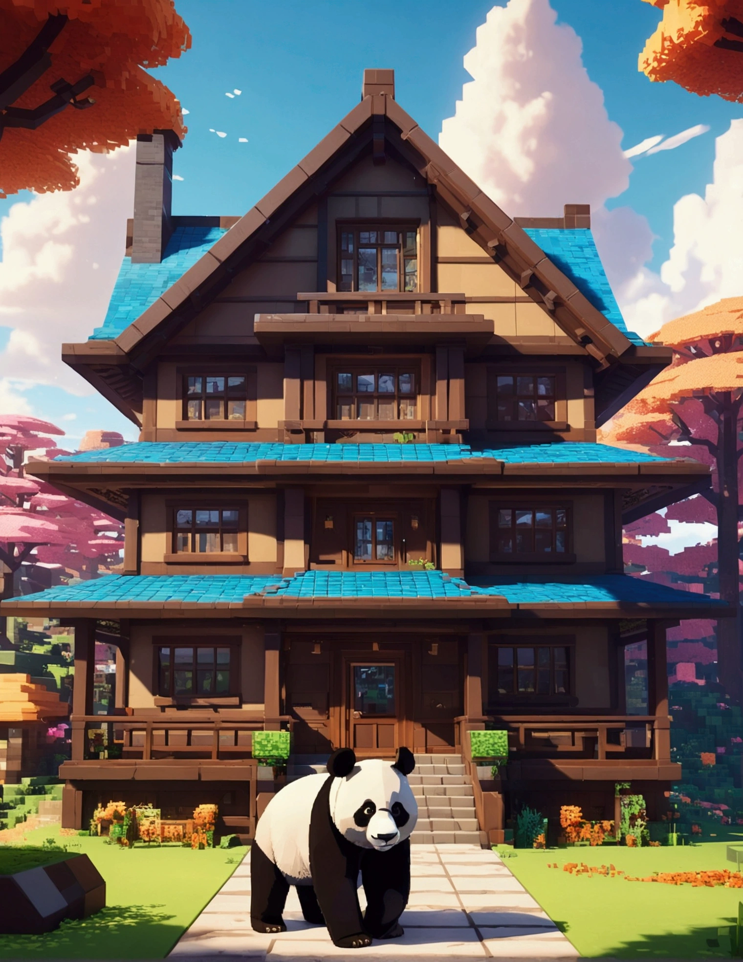 opulent, 3d, game art, dream magical, style of Makoto Shinkai, Beautiful biomes, cozily, Perfectcomposition, Minecraft style, colorful, Nice looking building, Wallpaper quality, design sense, aesthetics, Cartoon feel, Minecraft art style, 8K, a panda with a big house behind him, big house all brown color, house made of mud