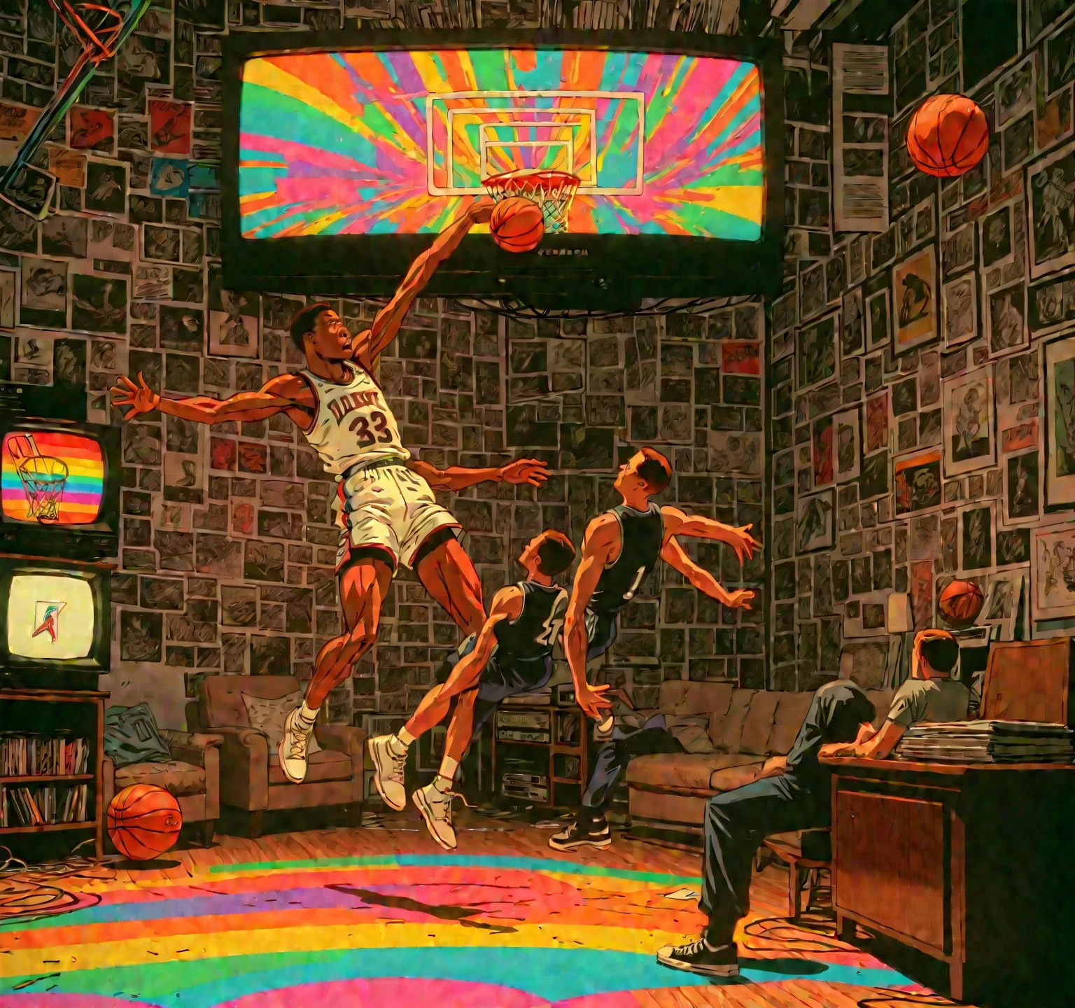 late night basketball, game winning dunk, analog tv glow, 1990s aesthetics, VHS, glitch, distorted, nostalgia, 90's retro vibes, analog tape, vcr aesthetics, tv, television, comic 1990's, animated tv show screengrab,  cinematic poster, image within image, multiple exposure, massive scale, rich color grading for shading depth, hand drawn rotoscope cartoon realism, chiaroscuro lighting, mixed media, vintage comic, retro original design, 1990's comic, sense of movement energy, (full roygbiv color) ink charcoal expressive illustration
