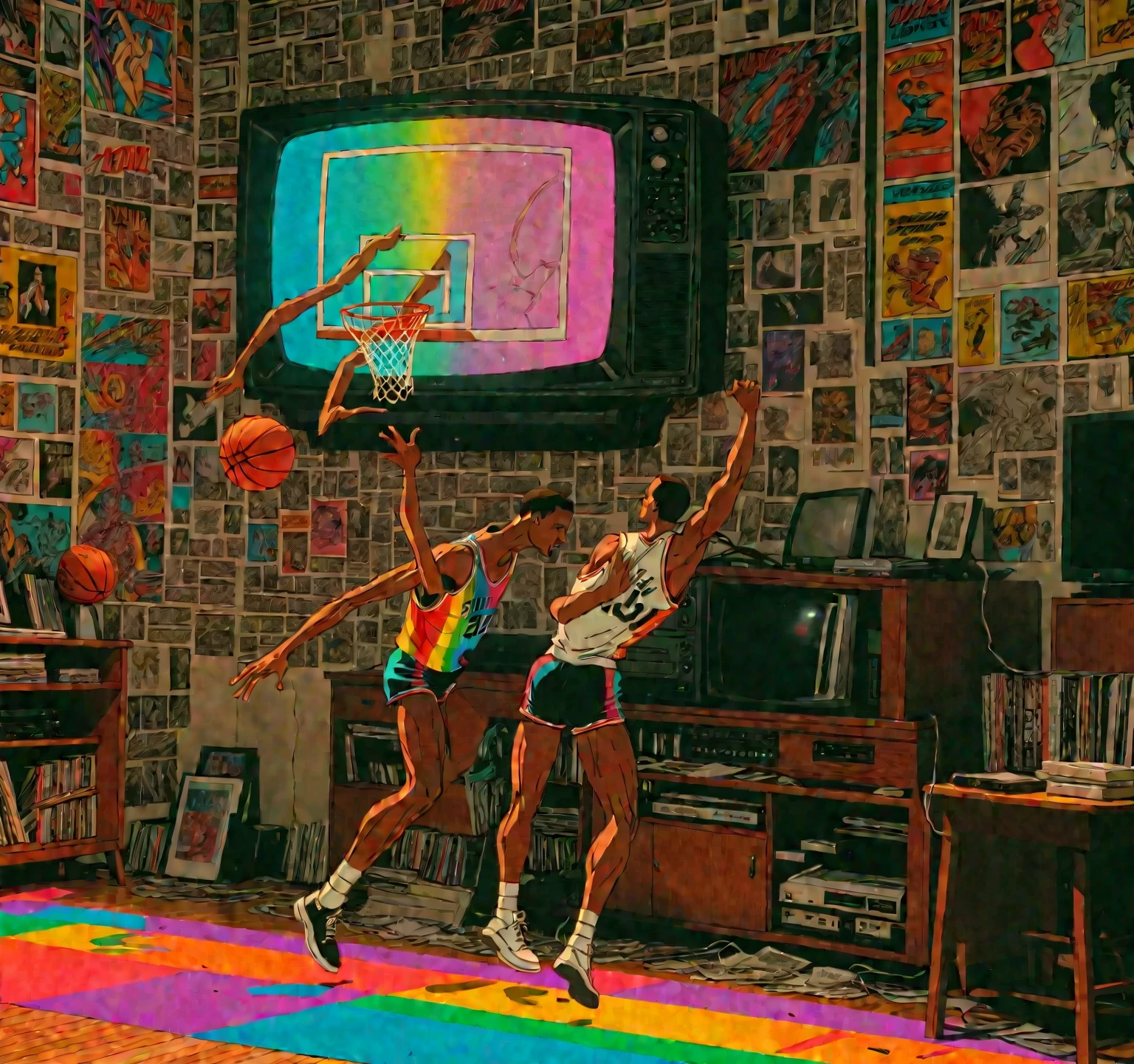 late night basketball, game winning dunk, analog tv glow, 1990s aesthetics, VHS, glitch, distorted, nostalgia, 90's retro vibes, analog tape, vcr aesthetics, tv, television, comic 1990's, animated tv show screengrab,  cinematic poster, image within image, multiple exposure, massive scale, rich color grading for shading depth, hand drawn rotoscope cartoon realism, chiaroscuro lighting, mixed media, vintage comic, retro original design, 1990's comic, sense of movement energy, (full roygbiv color) ink charcoal expressive illustration
