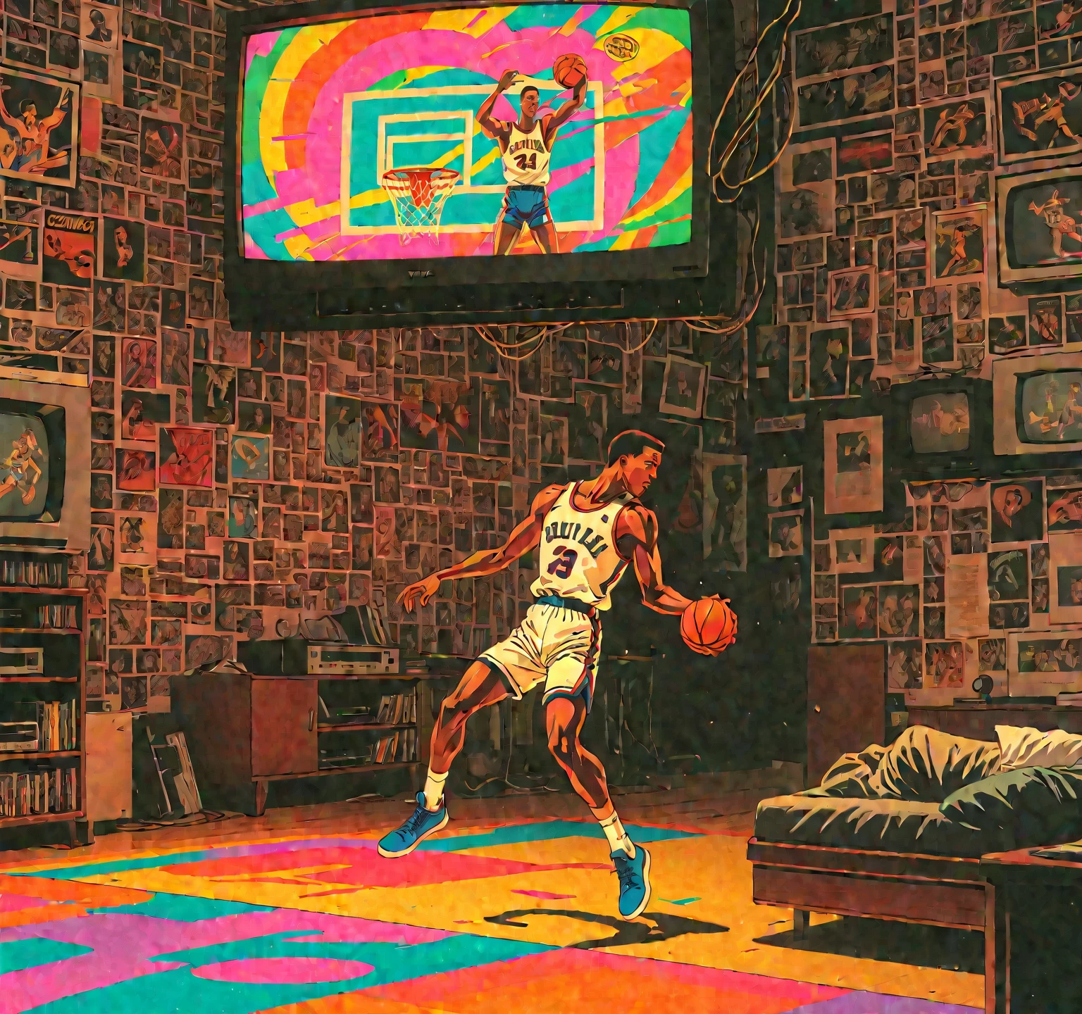 late night basketball, game winning dunk, analog tv glow, 1990s aesthetics, VHS, glitch, distorted, nostalgia, 90's retro vibes, analog tape, vcr aesthetics, tv, television, comic 1990's, animated tv show screengrab,  cinematic poster, image within image, multiple exposure, massive scale, rich color grading for shading depth, hand drawn rotoscope cartoon realism, chiaroscuro lighting, mixed media, vintage comic, retro original design, 1990's comic, sense of movement energy, (full roygbiv color) ink charcoal expressive illustration
