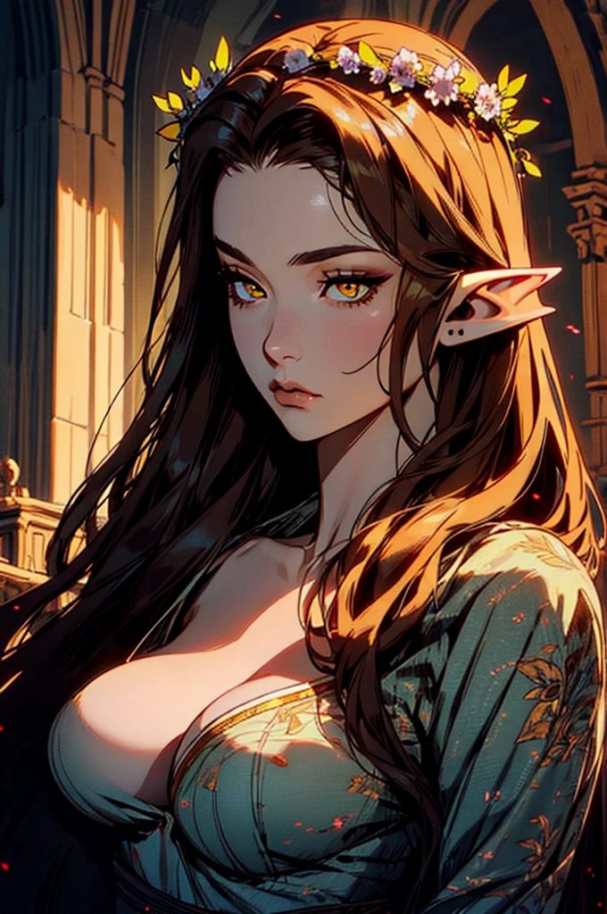 hyper-realistic of a mysterious woman with flowing dark hair, piercing yellow eyes, and a delicate floral crown, backwards, looking back, upper body, (elf eyers), (big breast)