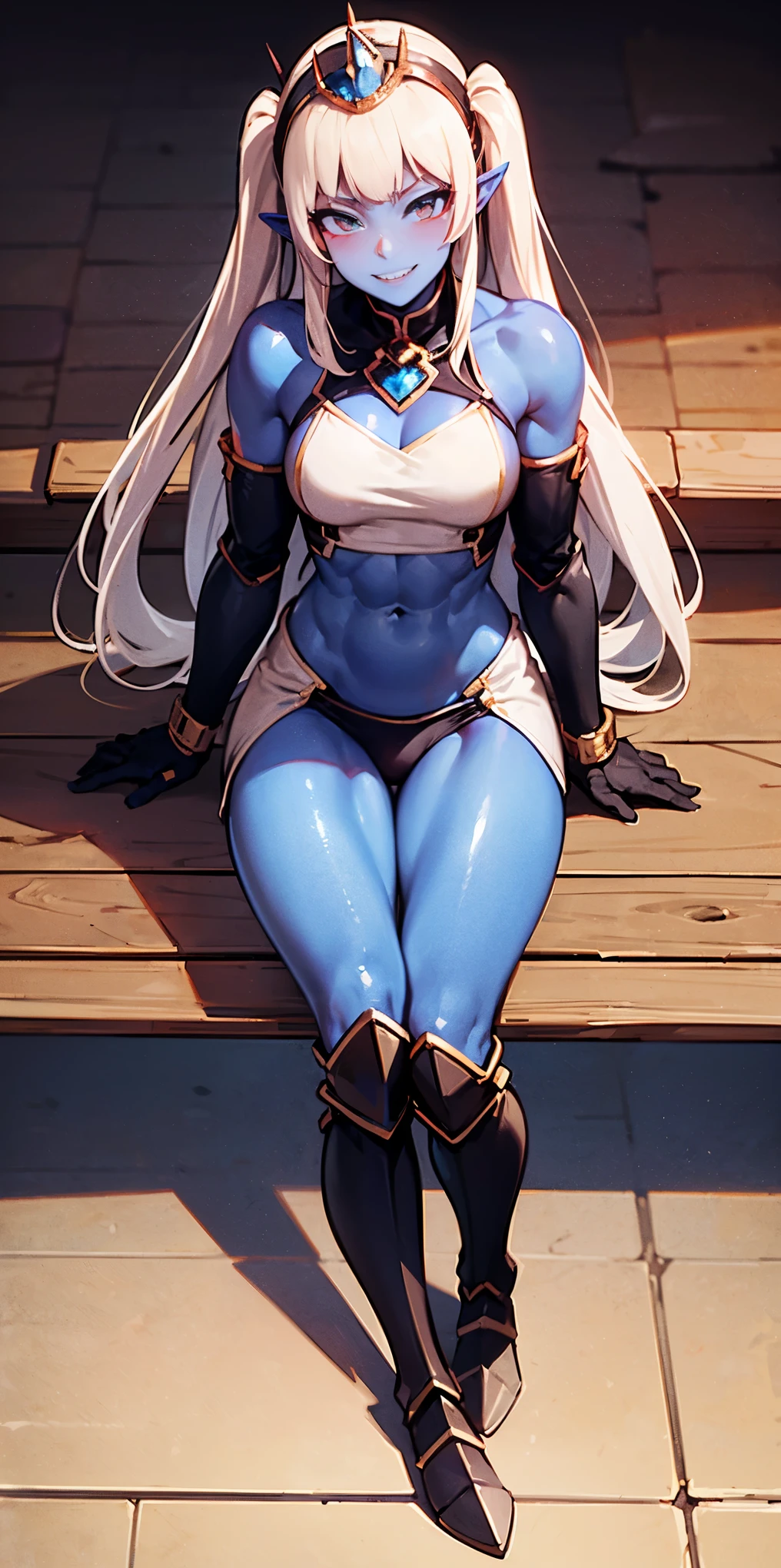 full body sitting on a bench showing ass to me, BLUE breastplate, BLUE skin (1girl)(BLUE skin:1.2), looking at viewer, shiny, armor, thigh highs, high boots, pauldrons shoulder armor, faulds, poleyn, gloves, gauntlets, rerebrace armored boots, (masterpiece, best quality, ultra-detailed, best shadow) yordle pointy ears muscular lean platinum blonde long twin-tails hairstyle at the office lustful smirking smile face red blushed, blush, strong abs, female body builder, tiara, twin drills hair