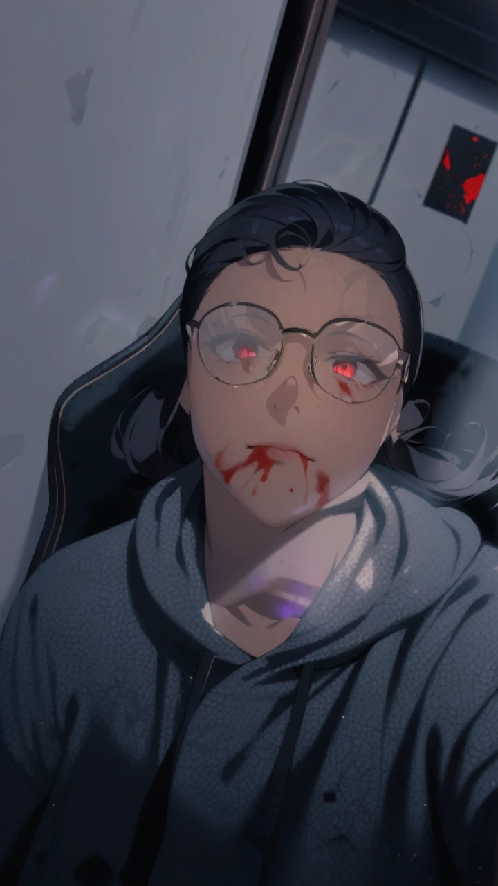 (masterpiece, best quality, ultra-detailed, best shadow), (detailed background,dark fantasy), (beautiful detailed face), high contrast, (best illumination, an extremely delicate and beautiful), ((cinematic light)), colorful, hyper detail, dramatic light, intricate details, (1 girl, solo,black hair, sharp face,low twintails,red eyes, hair between eyes,dynamic angle), blood splatter, swirling black light around the character, depth of field,black light particles,(broken glass),magic circle,