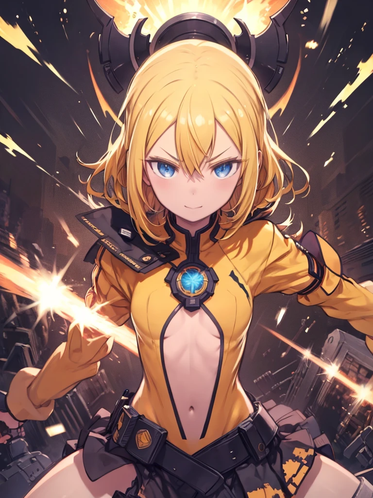 Genos is a cyborg, female, Mechanicalgirl ,alto,.,Seu rosto e orelhas se parecem com os de um ser humano normal, feitos de material de pele artificial, and his eyes have black sclera with yellow irises. She has spiky blonde hair and her eyebrows are blonde (marrom no anime). She also has pierced ears. O guarda-roupa de Genos consiste em roupas de rua com todo o traje da parte superior do corpo sem mangas, estilo anime. alta qualidade, melhor qualidade, famboy, adulto,belas coxas,