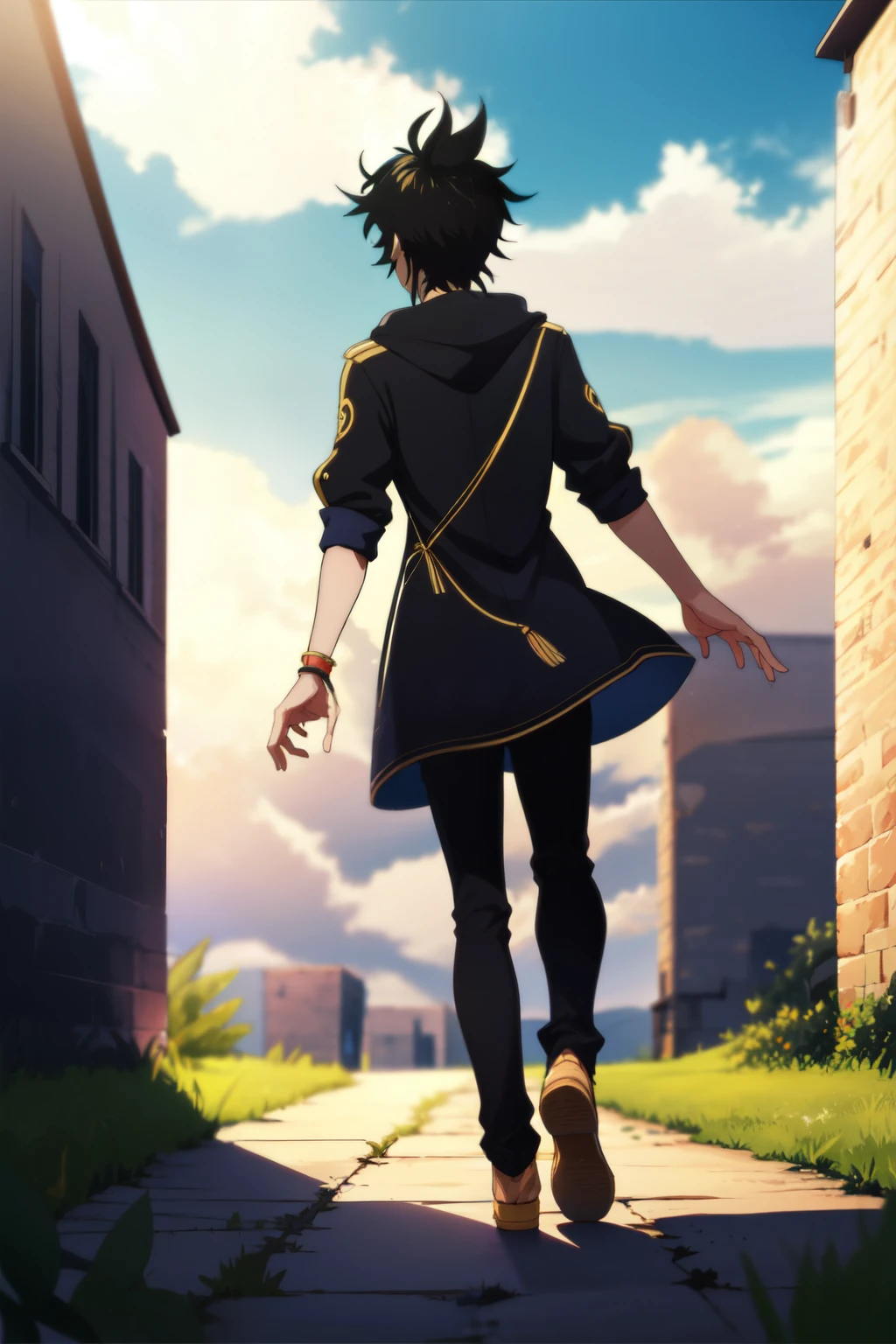 1boy, walking,solo,yuno_black_clover, black hair, yellow eyes, short hair, hair between eyes, full body photo,Facing backwards, camera angle from behind, photo from behind, looking away 