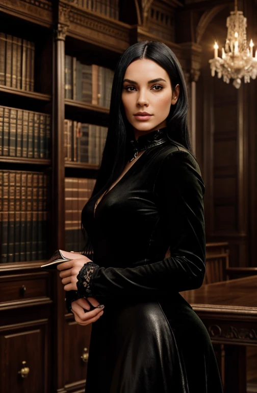 Gothic Library

Background: A dimly lit, ancient library with towering bookshelves filled with leather-bound books, a crystal chandelier casting a soft glow.
Woman: High cheekbones, piercing green eyes, long raven-black hair, wearing a velvet dress. aesthetic , minimalistic, hyper realistic, cinematic, super realistic, 8k quality, HD quality, super detailed , ultra detailed, minimalist ,bad bitch