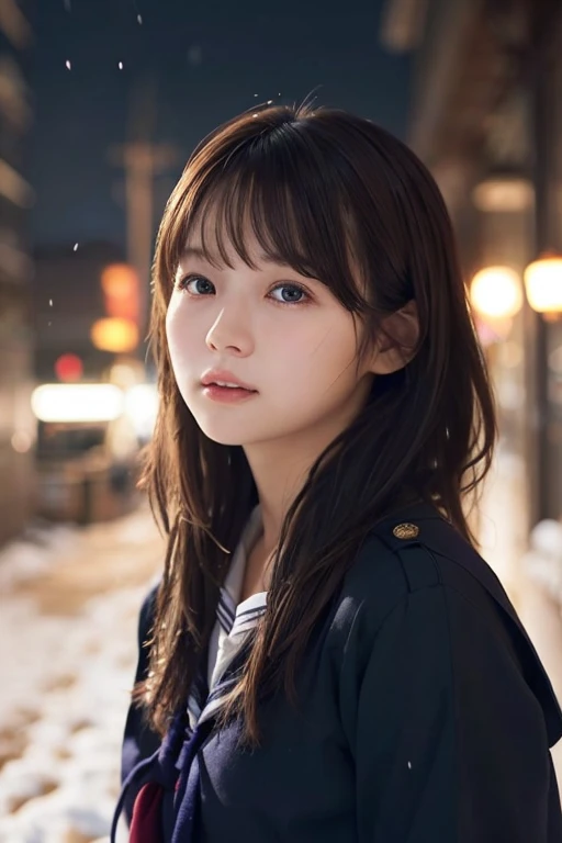 1 Girl, (Wearing a white sailor suit:1.2), (RAW Photos, highest qualthaty), (Realistic, Realistic:1.4), Tabletop, Very delicate and beautiful, Very detailed, 2k wallpaper, wonderful, finely, Very detailed CG Unthaty 8K 壁紙, Very detailed, High resolution, Soft Light, Beautiful detailed girl, Very detailed目と顔, Beautiful and sophisticated nose, finelyて美しい目, Cinema Lighting, Illuminations that light up the cthaty on a snowy night, classroom, that&#39;that&#39;that&#39;that&#39;, Perfect Anatomy, Slender body, Was nervous, 
Straight semi-long hair, bangs, Look away, Crying face、