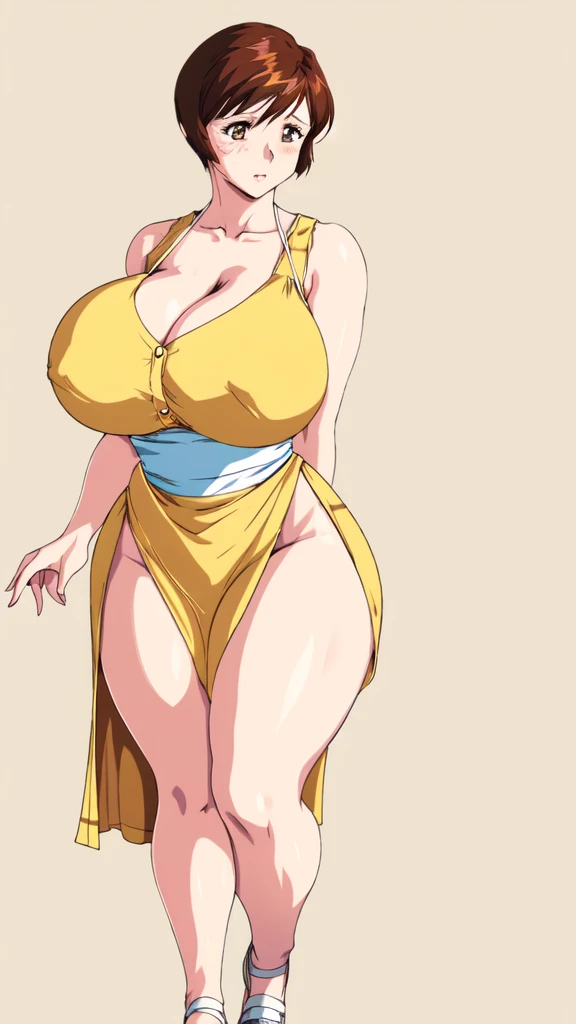 masterpiece, highest quality, High resolution, One girl, solo, sexual intercourse, Pornographic images, short hair, etsukoto, brown Eyes, fine grain, fine grain, (((Thick thighs, Plump thighs, Voluptuous thighs, Thighs alone are enough))), ((Huge and ample breasts, Cleavage, big long breasts)), Naughty big,((big breasts are important))、((Naughty thighs)), L Cup, (thin:1.4),(Tight waist:1.4), (yellow dress:1.4), ((waist apron)), white panty, (((Simple Background))), ((Wide Hips)), Shiny, Oily skin, Mature mother, Calf, Seductive mature woman, milf, Perfect body, Plus Size Model, curvy, ample, etsukoto, blush, clavicle, retro artstyle, 1990s (style), (thick thighs:1.4), (from side:0.9), full body, feet, looking away, open stance, open legs, discovery stance,
