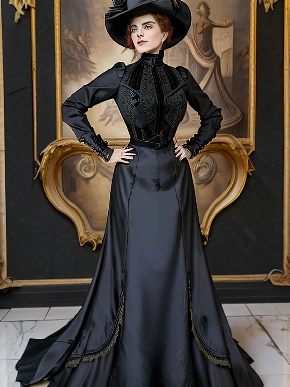 masterpiece, uhd, sharp color photo of one beautiful woman wearing a high-neck layered black dress, with a hat on and hourglass figure, wasp waist, coseted, at a Parisian cafe belle epoche dress