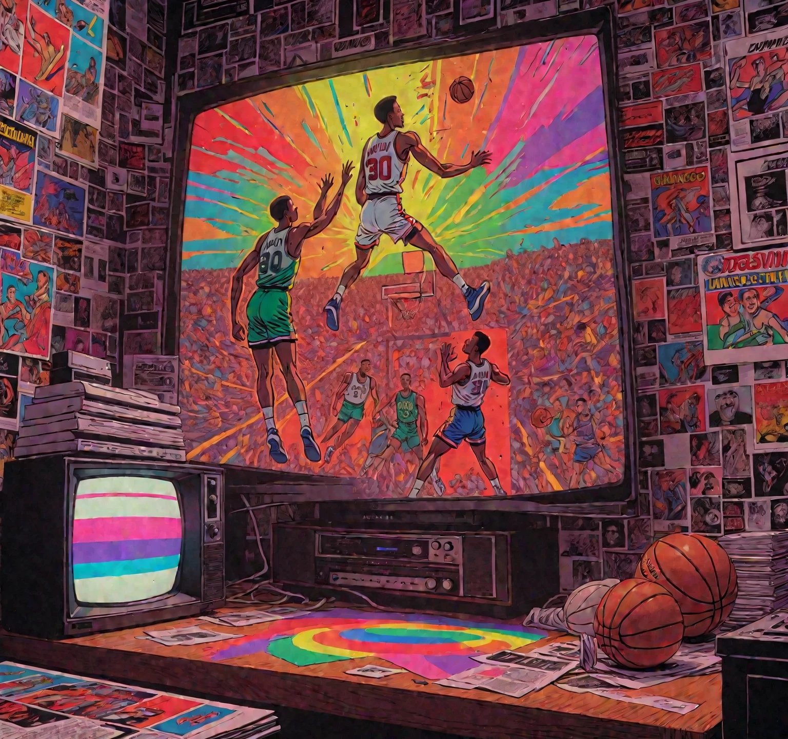 late night basketball, game winning dunk, analog tv glow, 1990s aesthetics, VHS, glitch, distorted, nostalgia, 90's retro vibes, analog tape, vcr aesthetics, tv, television, comic 1990's, animated tv show screengrab, cinematic poster, image within image, multiple exposure, massive scale, rich color grading for shading depth, hand drawn rotoscope cartoon realism, chiaroscuro lighting, mixed media, vintage comic, retro original design, 1990's comic, sense of movement energy, (full roygbiv color) ink charcoal expressive illustration