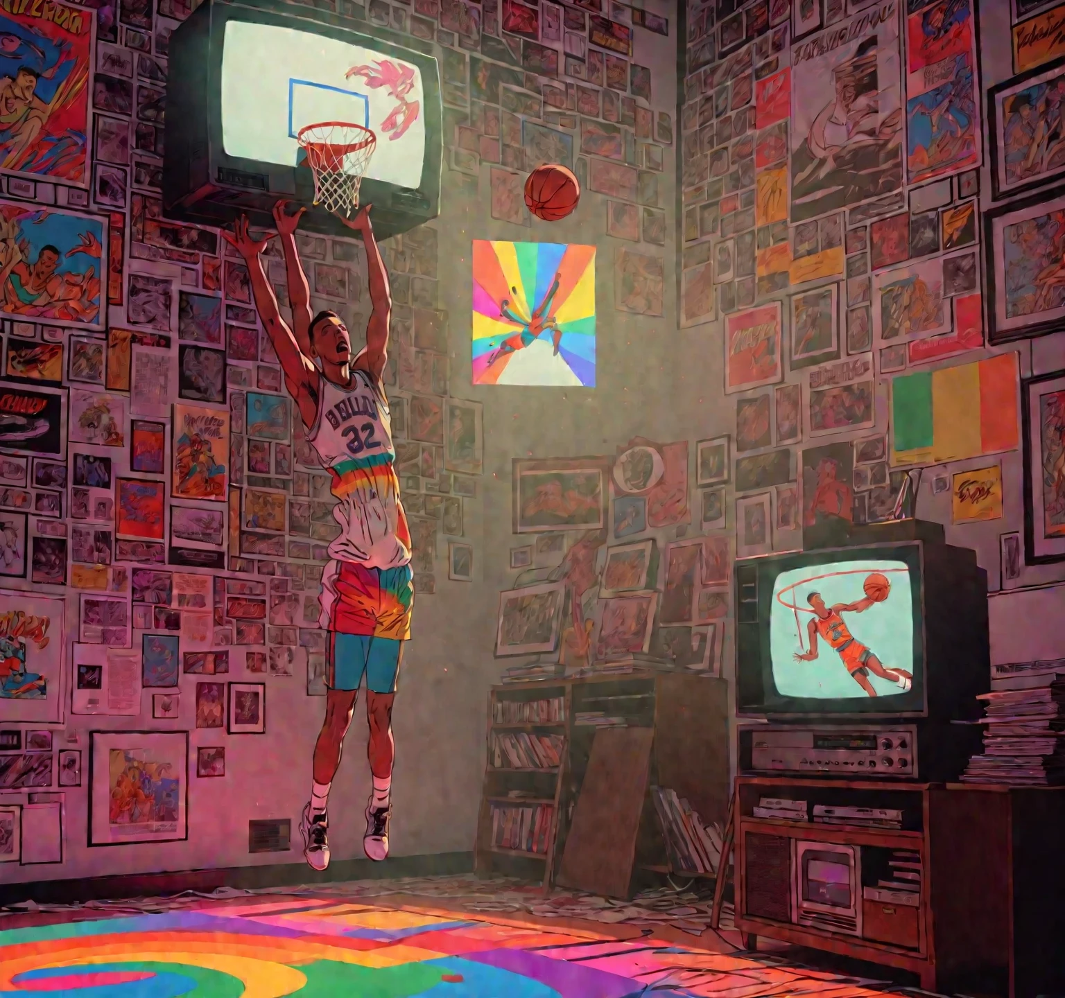 late night basketball, game winning dunk, analog tv glow, 1990s aesthetics, VHS, glitch, distorted, nostalgia, 90's retro vibes, analog tape, vcr aesthetics, tv, television, comic 1990's, animated tv show screengrab,  cinematic poster, image within image, multiple exposure, massive scale, rich color grading for shading depth, hand drawn rotoscope cartoon realism, chiaroscuro lighting, mixed media, vintage comic, retro original design, 1990's comic, sense of movement energy, (full roygbiv color) ink charcoal expressive illustration
