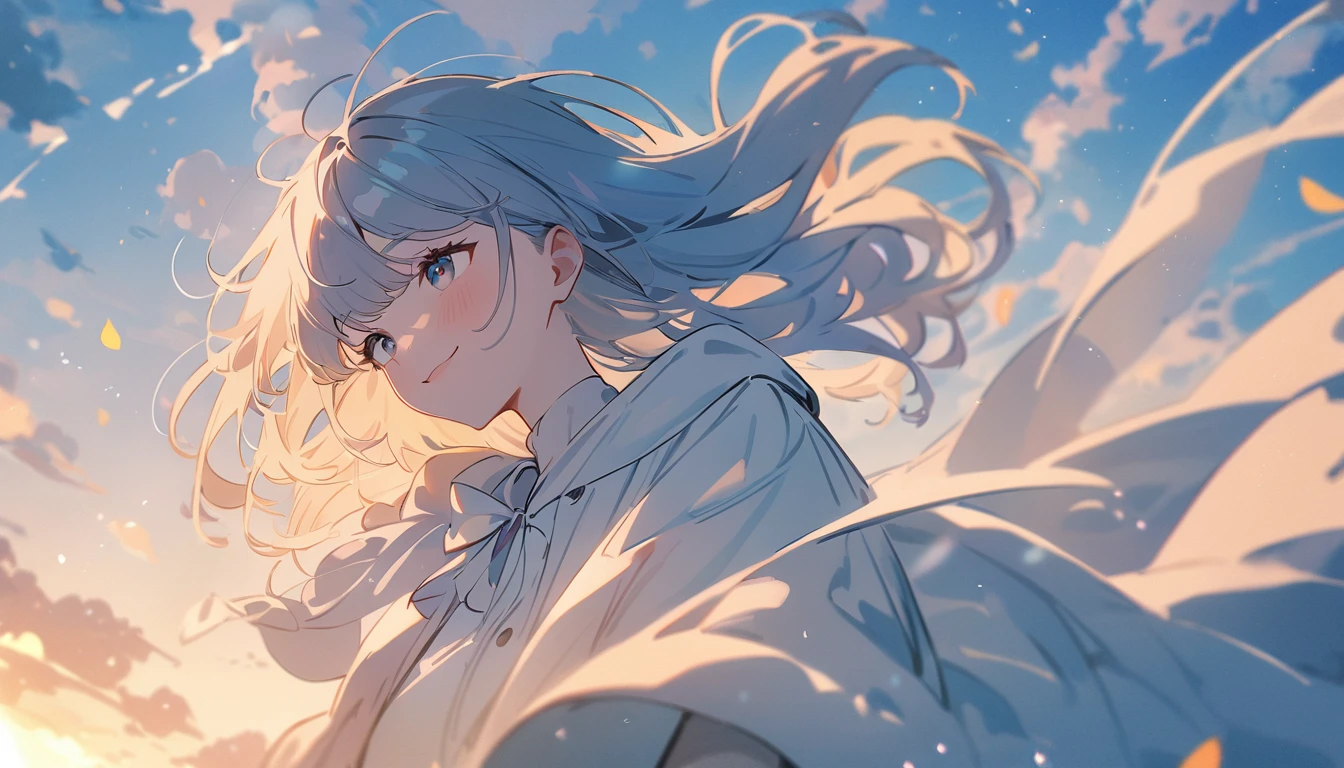 masterpiece, Highest quality, Movie stills, 1 Girl, Cloud Girl,Two Girls , Floating in the sky, close, bright, smile, Warm and soft lighting, blue sky, (spark:0.7)
