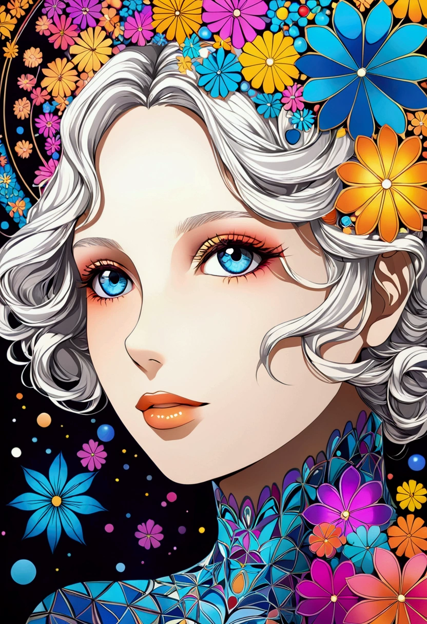 (Official Art, Beauty and aesthetics: 1.2), (Fractal Art: 1.3), Ink Art,vector,illustration,The art of math,1 girl,Unique,Pretty Face,portrait,Shoulder,artistic conception,Abstract,Psychedelic Art,Look at it from above,White powder color scheme, Large color blocks,blue,Upper Body,There are flowers,best quality,4K,high resolution,Extremely detailed,Bright colors,Bokeh,Studio Lighting，