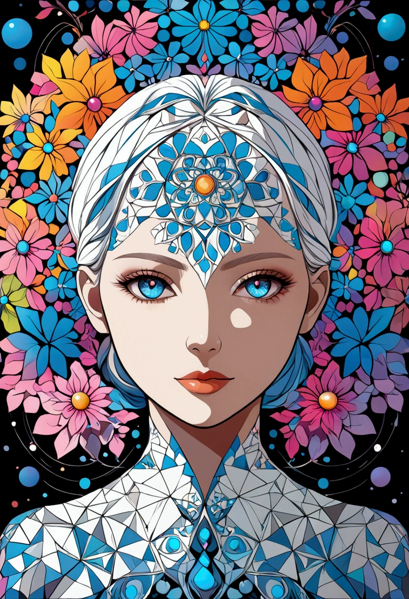 (Official Art, Beauty and aesthetics: 1.2), (Fractal Art: 1.3), Ink Art,vector,illustration,The art of math,1 girl,Unique,Pretty Face,portrait,Shoulder,artistic conception,Abstract,Psychedelic Art,Look at it from above,White powder color scheme, Large color blocks,blue,Upper Body,There are flowers,best quality,4K,high resolution,Extremely detailed,Bright colors,Bokeh,Studio Lighting,