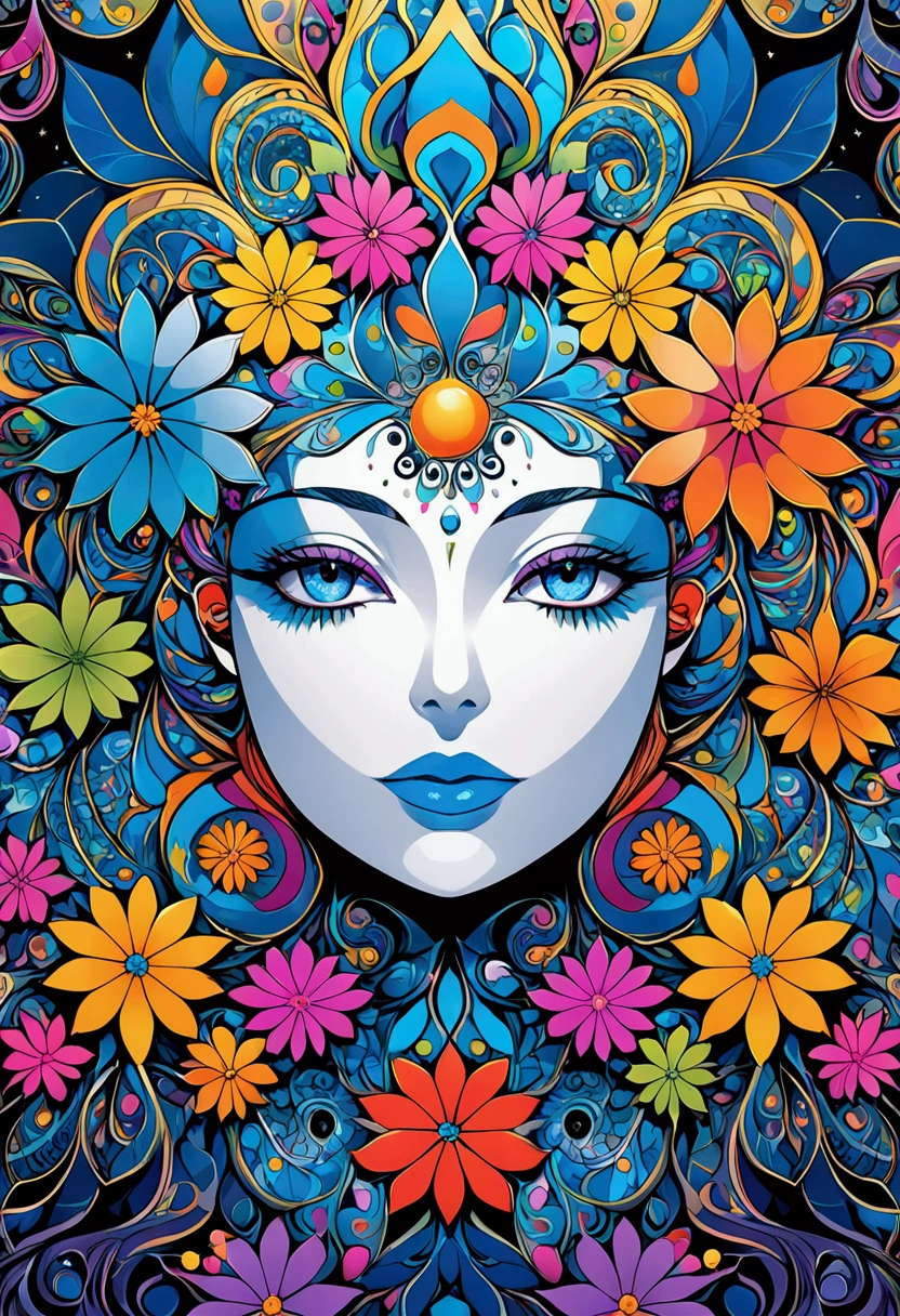 (Official Art, Beauty and aesthetics: 1.2), (Fractal Art: 1.3), Ink Art,vector,illustration,The art of math,1 girl,Unique,Pretty Face,portrait,Shoulder,artistic conception,Abstract,Psychedelic Art,Look at it from above,White powder color scheme, Large color blocks,blue,Upper Body,There are flowers,best quality,4K,high resolution,Extremely detailed,Bright colors,Bokeh,Studio Lighting,