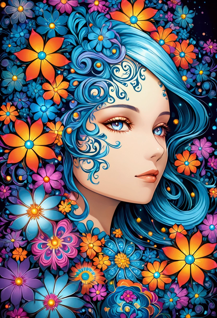 (Official Art, Beauty and aesthetics: 1.2), (Fractal Art: 1.3), Ink Art,vector,illustration,The art of math,1 girl,Unique,Pretty Face,portrait,Shoulder,artistic conception,Abstract,Psychedelic Art,Look at it from above,White powder color scheme, Large color blocks,blue,Upper Body,There are flowers,best quality,4K,high resolution,Extremely detailed,Bright colors,Bokeh,Studio Lighting,