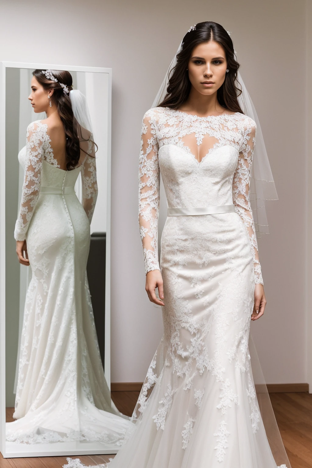 Best quality, 8k, 32k, Masterpiece, Masterpiece, (Photorealistic: 1.4), RAW photo, ultra realistic, a model wearing a long sleeves wedding dress. The mannequin is standing in a white room with a minimalist design, featuring white walls and a clean, modern aesthetic. The wedding dress has intricate lace and beading details, showcased elegantly in the room.